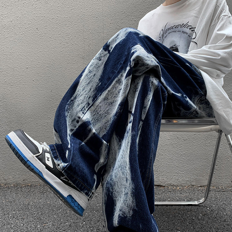 Tie-dye baggy straight denim pants