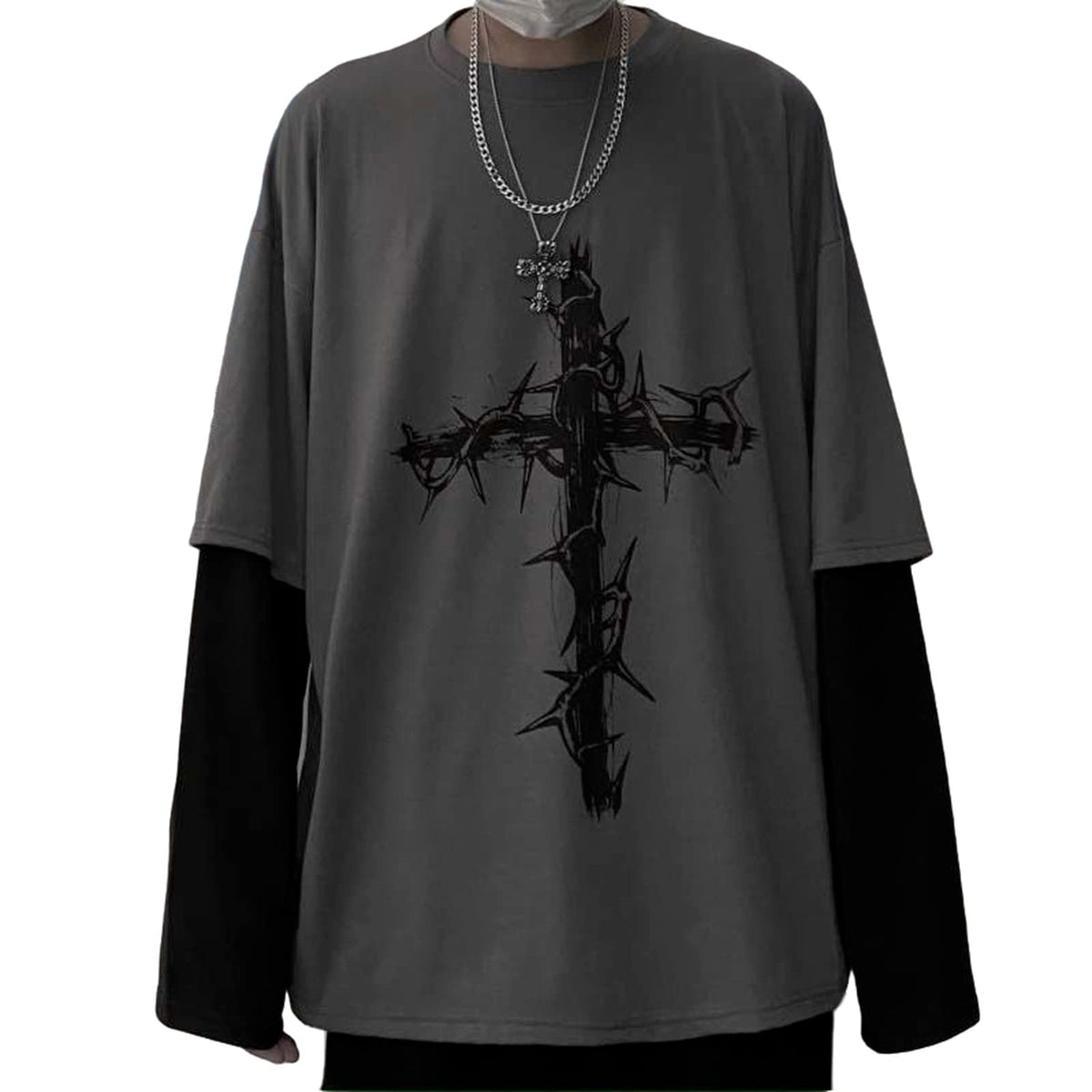 Gothic Y2K cross graphic long sleeve top, gray