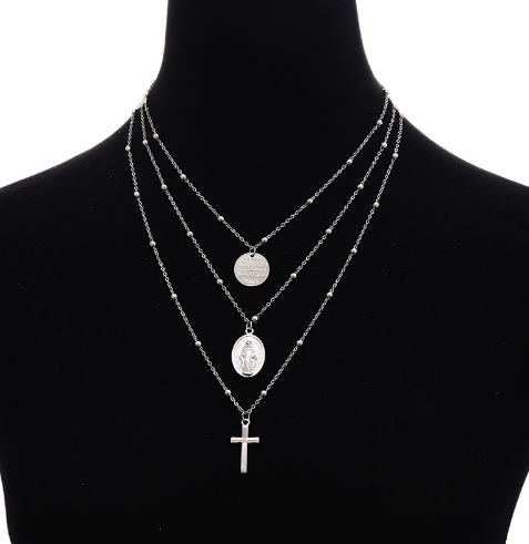 Geometric Metal Virgin Mary Cross Multi-Layer Necklace