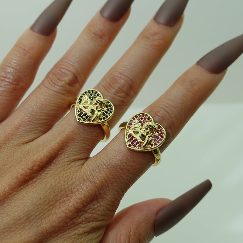 Gold-plated heart ring set with micro zircon stones