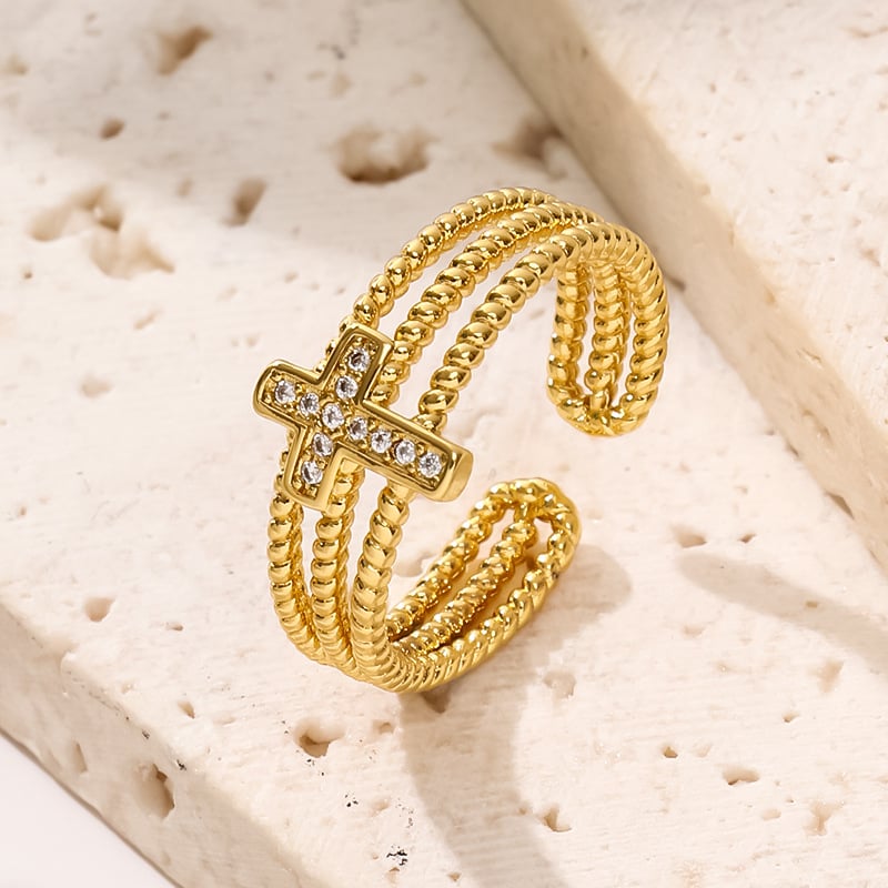 18K Gold Copper Plated Zircon Cross Geometric Ring