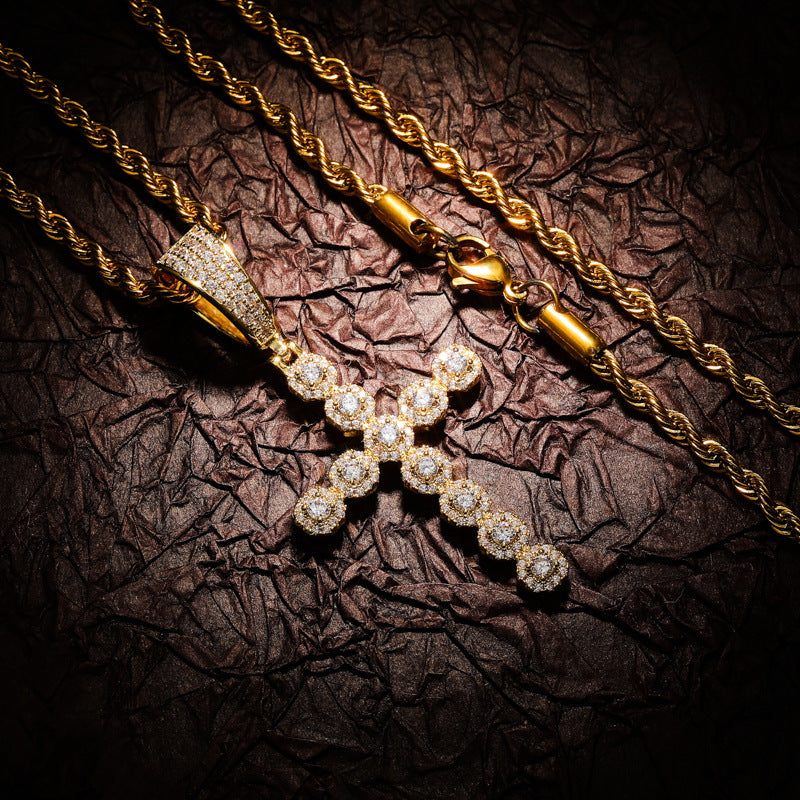 Iced-out cross pendant necklace, hip hop style