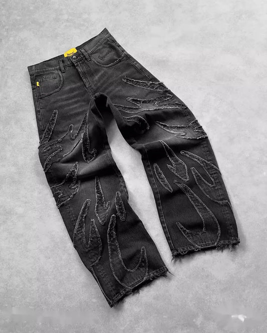 Retro black patchwork hip hop jeans