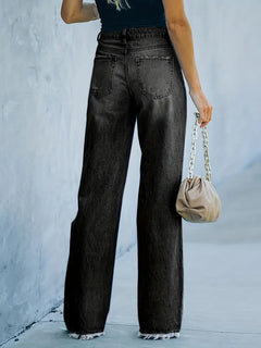 High Waist Ripped Trousers - Loose Straight Leg Denim
