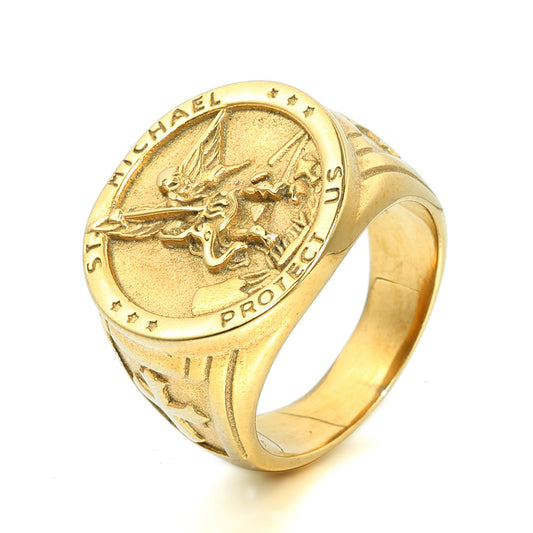 Guardian Angel Men's Vintage Cross Ring in Titanium Steel