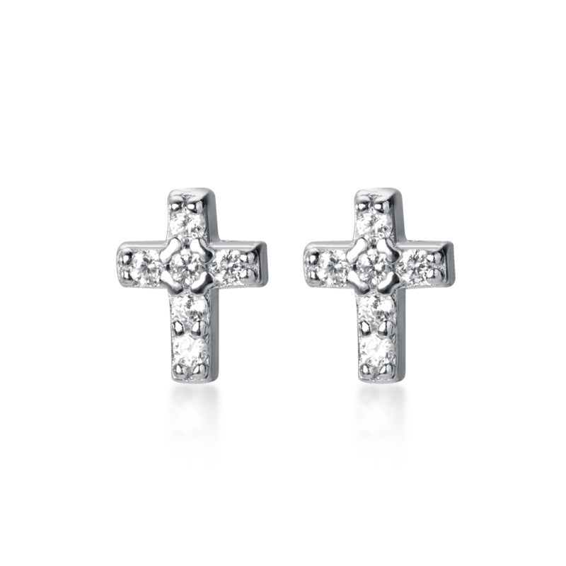 Silver mini cross stud earrings with rhinestones