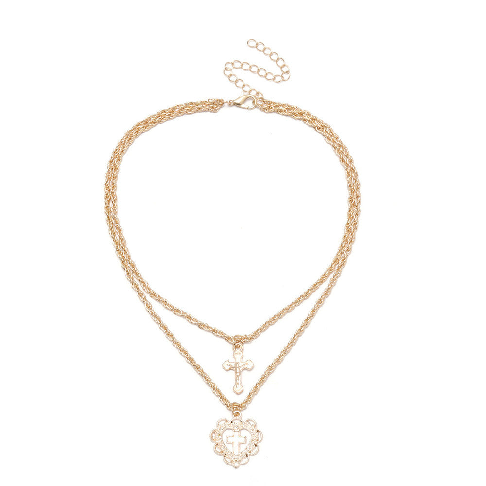 Trendy Dual-Layer Heart Cross Pendant Necklace for Women