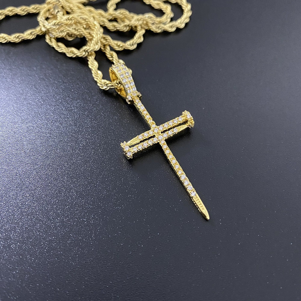 Copper cross pendant necklace with zirconia, hip hop style