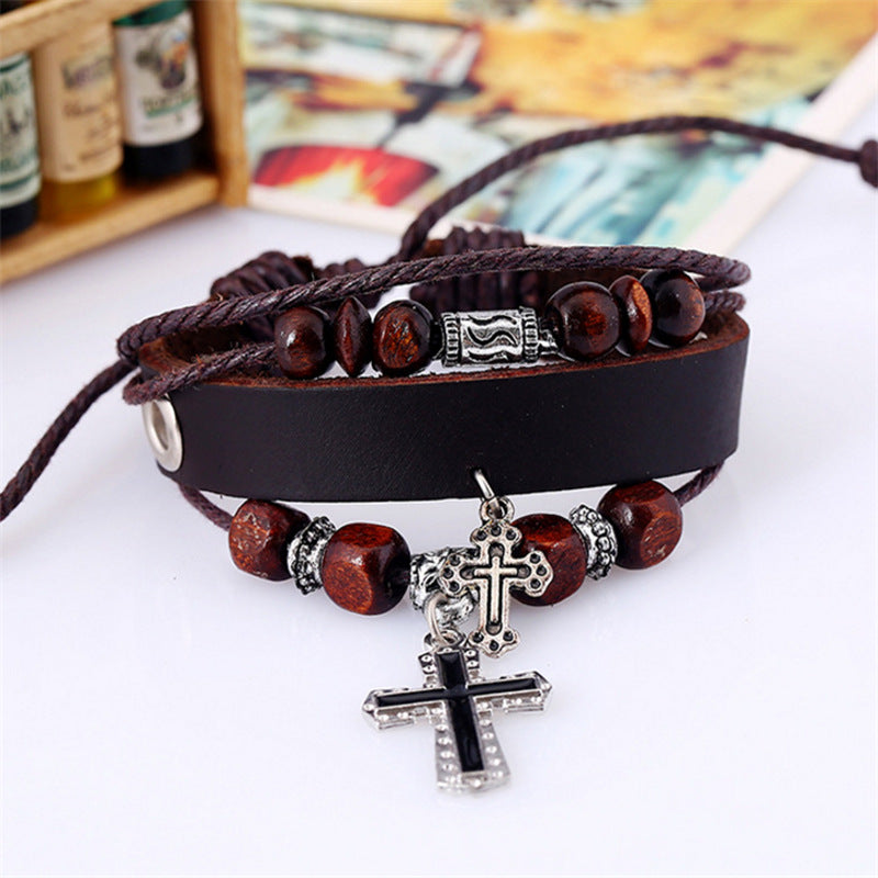 Leather Beaded Bracelet with Cross Design
