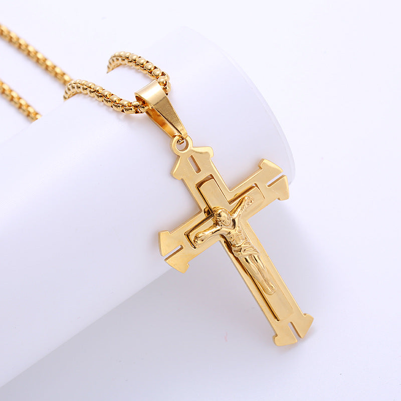 AML Vintage Stainless Steel Double Layer Jesus Cross Necklace