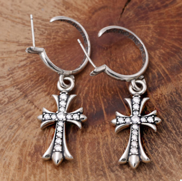Silver vintage cross earrings, Korean style, S925