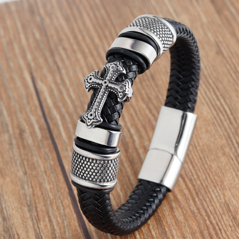 Handcrafted Leather Braided Bracelet with Cross Design