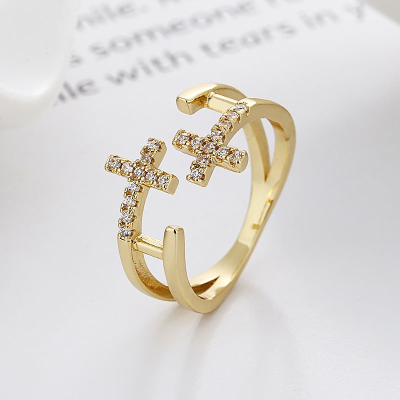 Stylish Double-Layer Hollow Cross Diamond Ring for Women