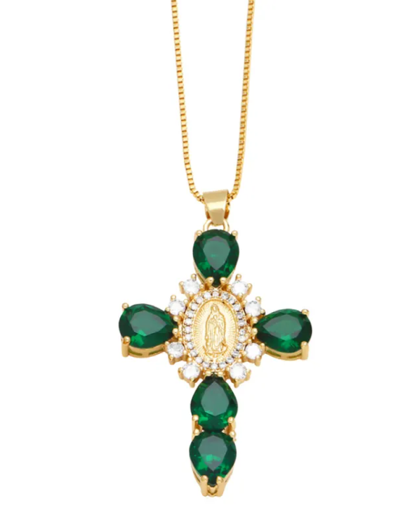 Zircon-inlaid cross pendant necklace