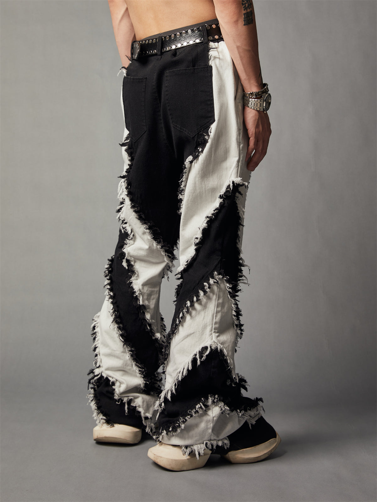 Black and white patchwork slim-fit washed jeans