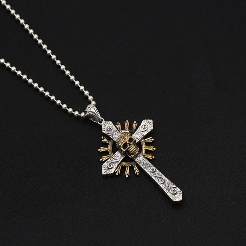 Wholesale S925 Silver Vintage Punk Skull Cross Pendant