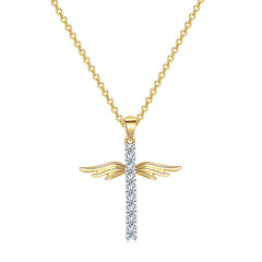 Angel Wings Cross Necklace with Colored Zirconia Pendant