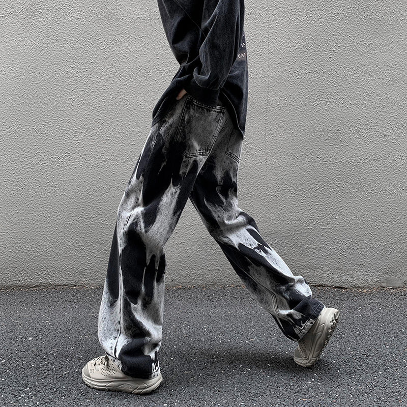 Tie-dye baggy straight denim pants
