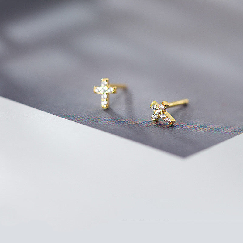 Silver mini cross stud earrings with rhinestones