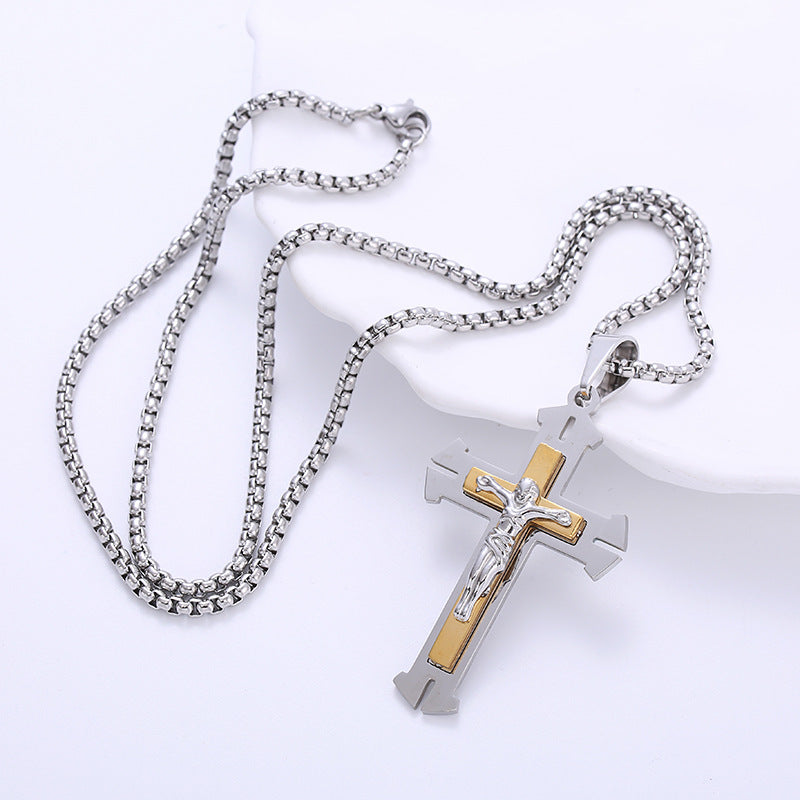 AML Vintage Stainless Steel Double Layer Jesus Cross Necklace