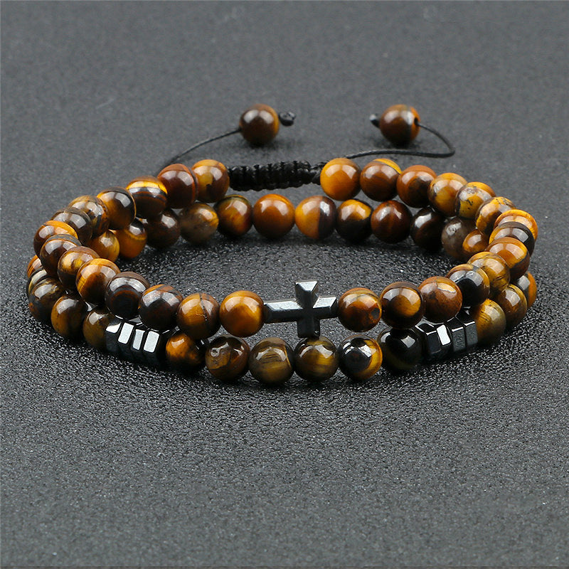 Tiger Eye Stone Beaded Bracelet with Cross Pendant