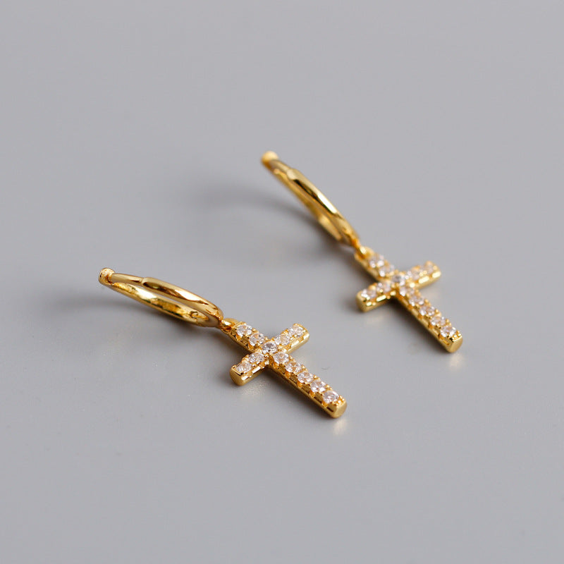 Silver cross stud earrings with diamonds