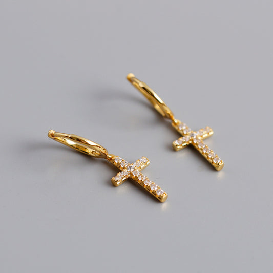 Silver cross stud earrings with diamonds