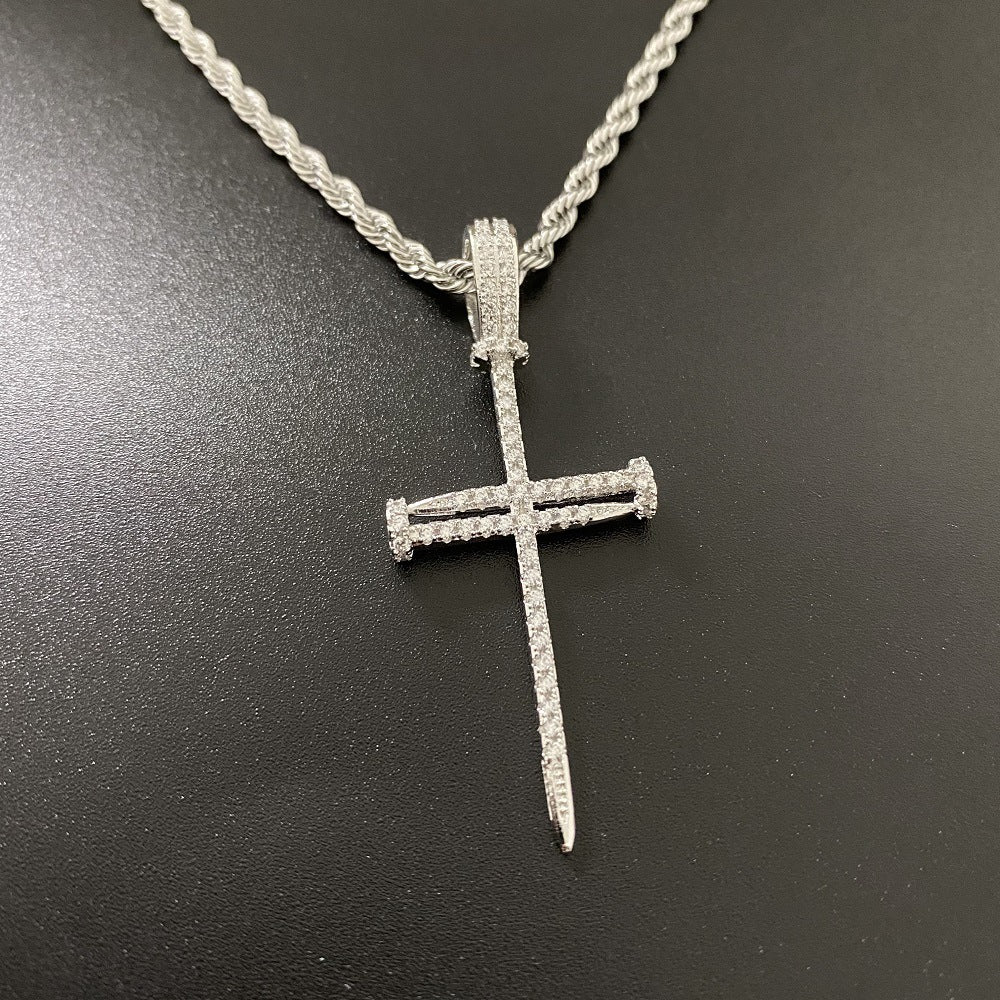 Copper cross pendant necklace with zirconia, hip hop style