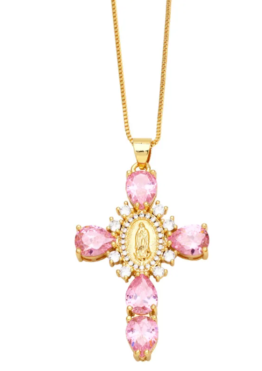 Zircon-inlaid cross pendant necklace