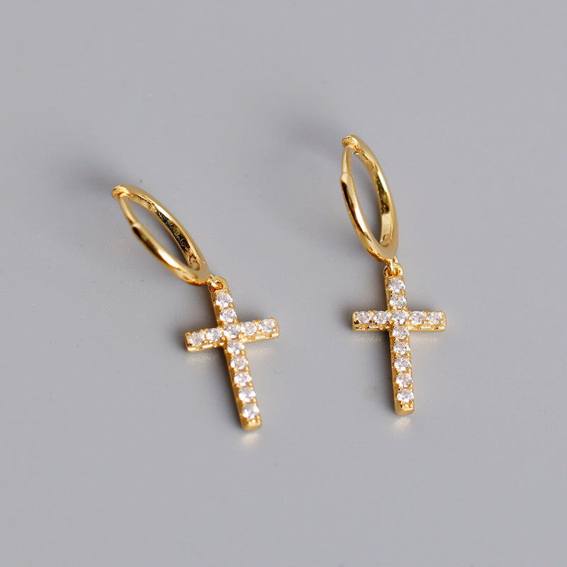 Silver cross stud earrings with diamonds