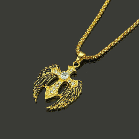Creative Hip Hop Rhinestone Cross Wing Necklace