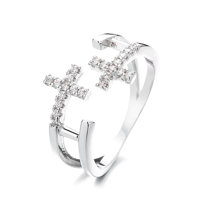 Stylish Double-Layer Hollow Cross Diamond Ring for Women