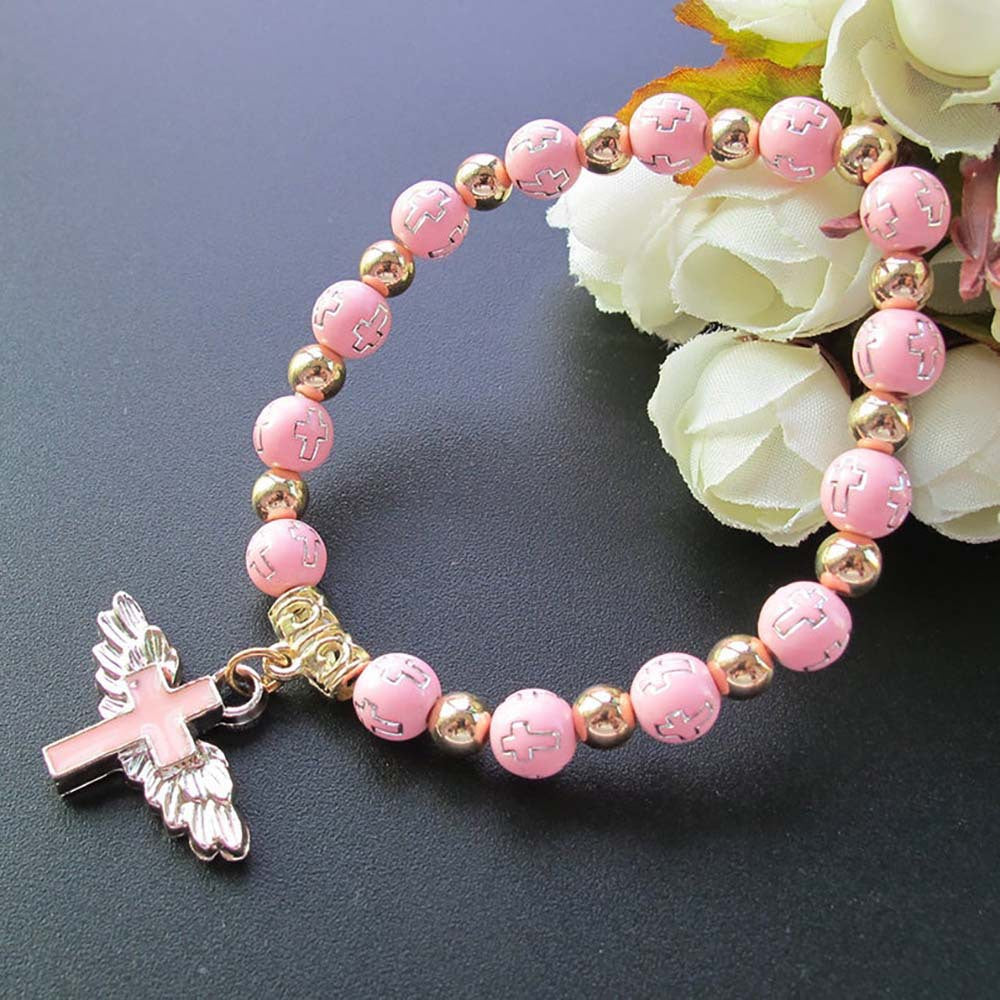 Angel cross rosary bracelet, oil drip finish