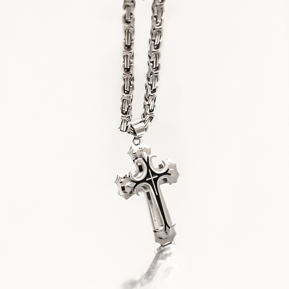 Double Layer Cross Pendant Necklace for Men in Stainless Steel