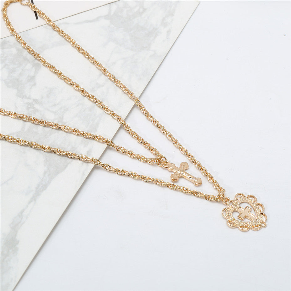 Trendy Dual-Layer Heart Cross Pendant Necklace for Women