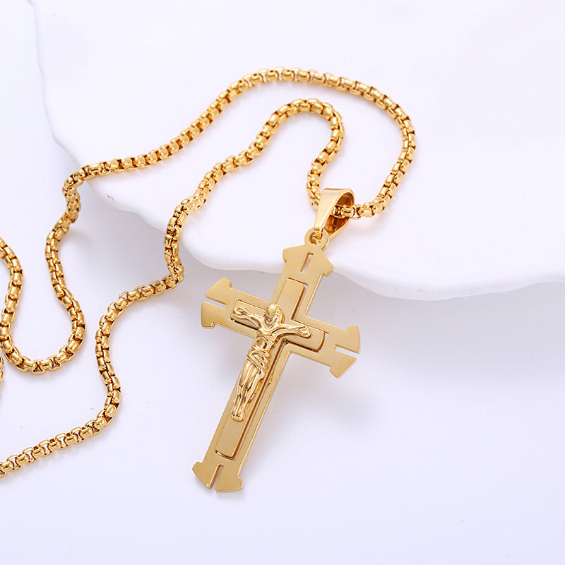 AML Vintage Stainless Steel Double Layer Jesus Cross Necklace