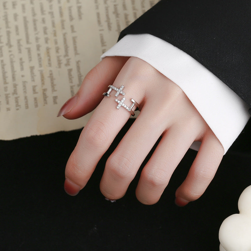 Stylish Double-Layer Hollow Cross Diamond Ring for Women