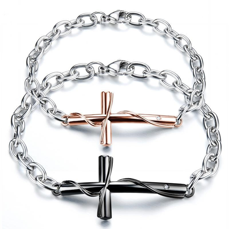 Titanium Steel Couple Bracelet with Classic Cross Design