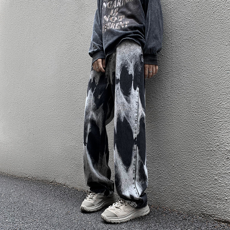 Tie-dye baggy straight denim pants