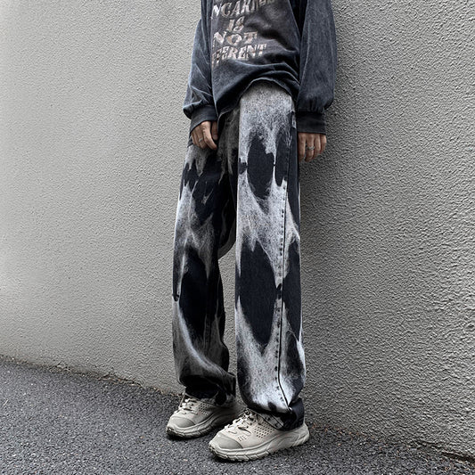 Tie-dye baggy straight denim pants