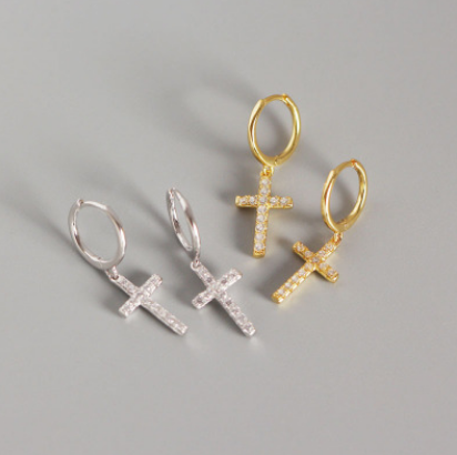 Silver cross stud earrings with diamonds