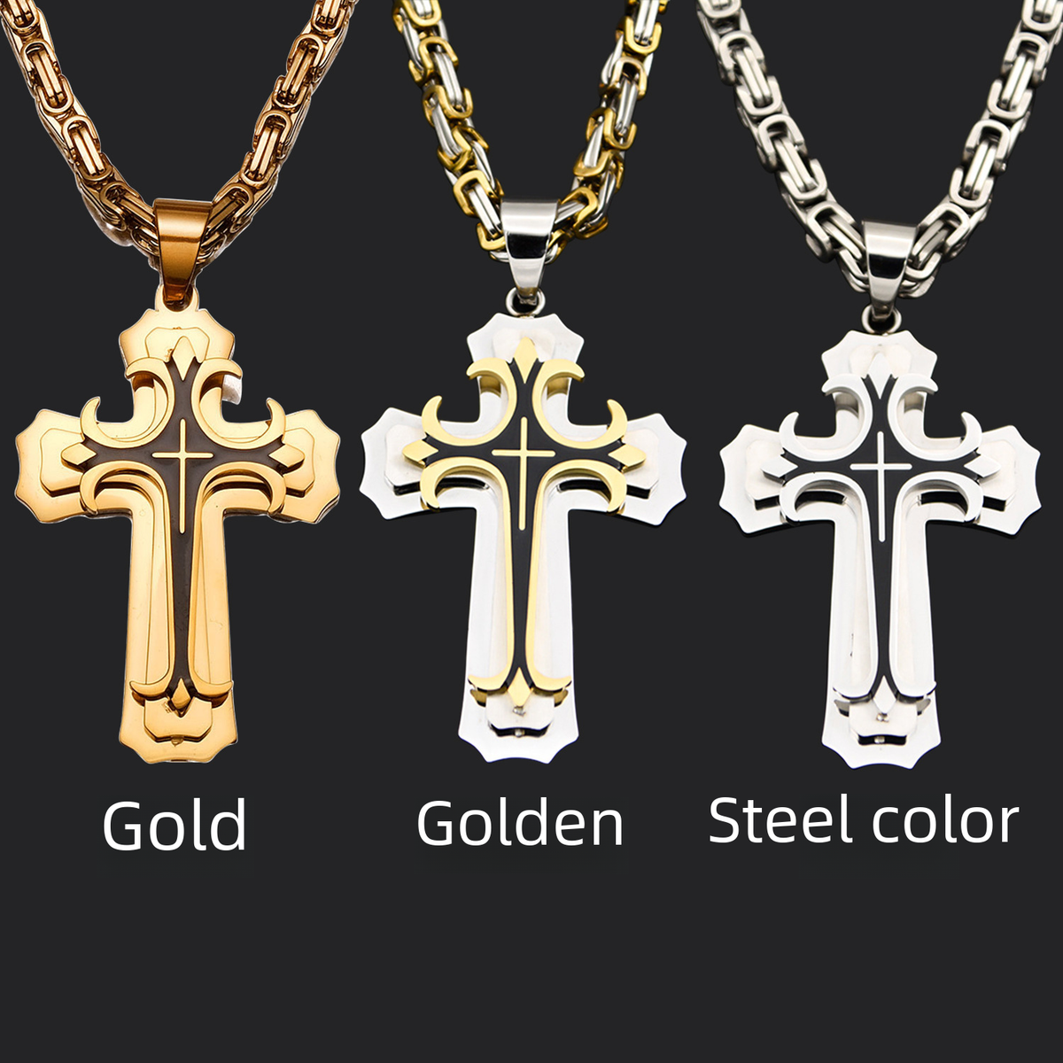 Double Layer Cross Pendant Necklace for Men in Stainless Steel