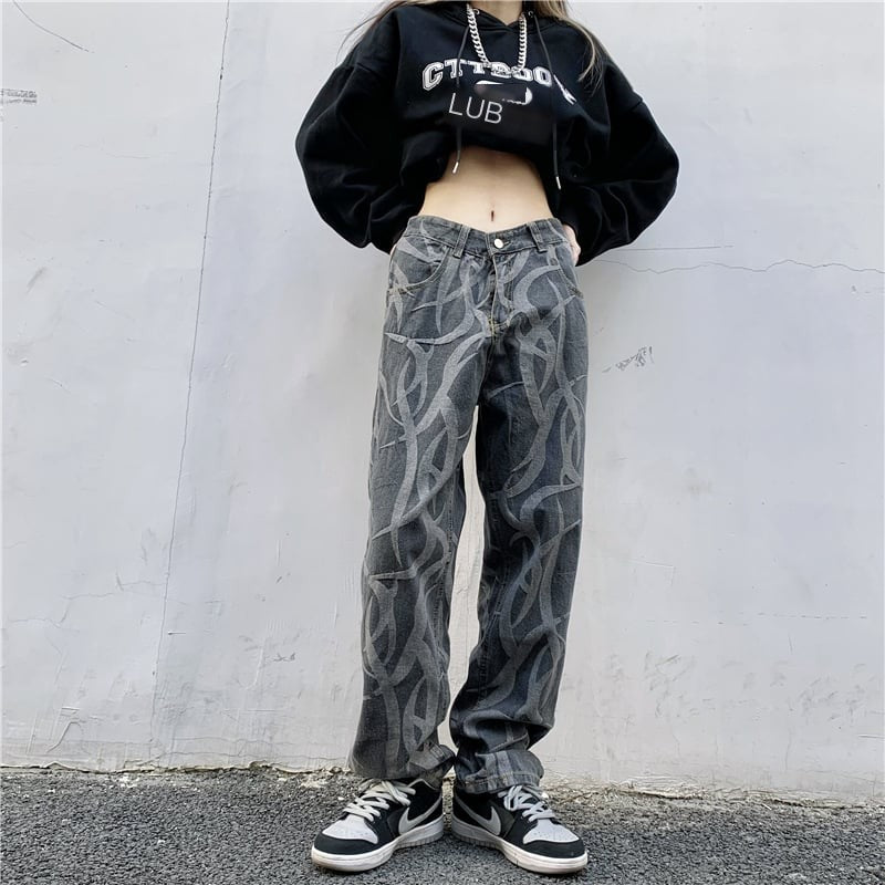 High-waist wide-leg printed jeans