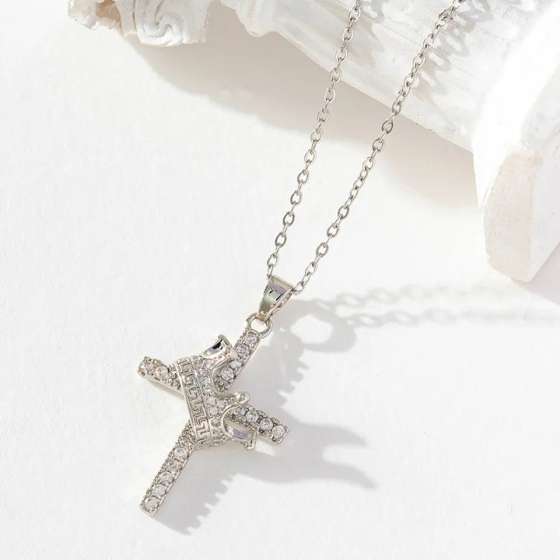 Silver crown cross pendant necklace with zircon stones