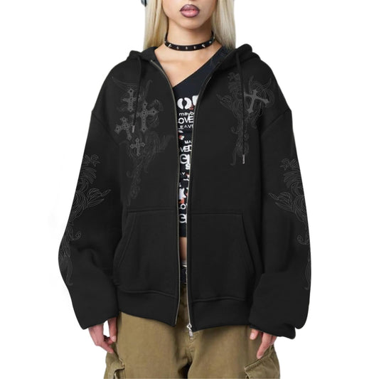 Gothic Y2K Zip Hoodie - Blusão Unissexo Grunge Cruz