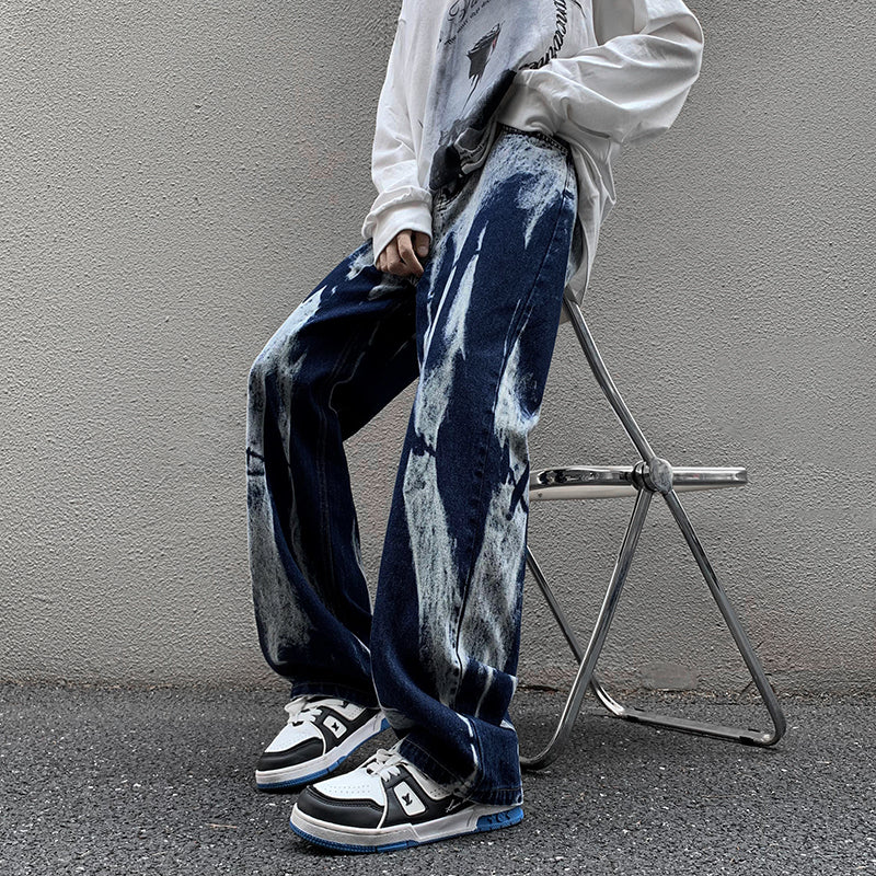 Tie-dye baggy straight denim pants