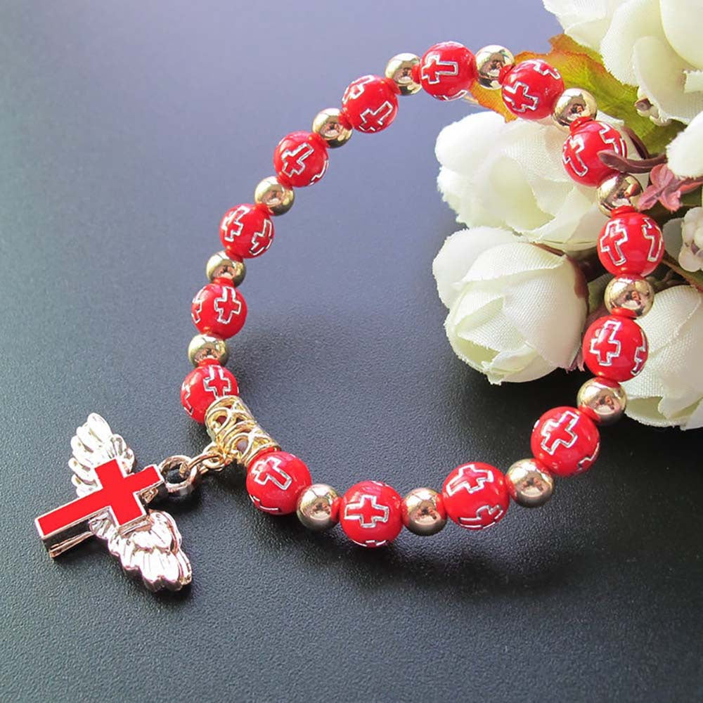 Angel cross rosary bracelet, oil drip finish