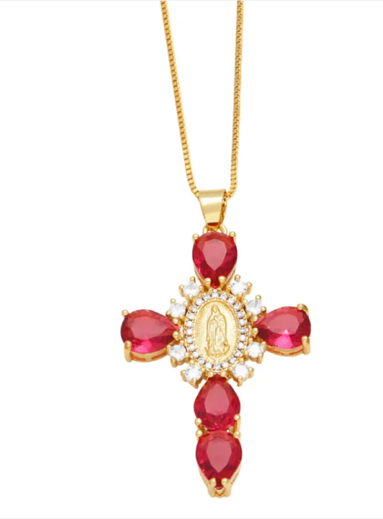 Zircon-inlaid cross pendant necklace