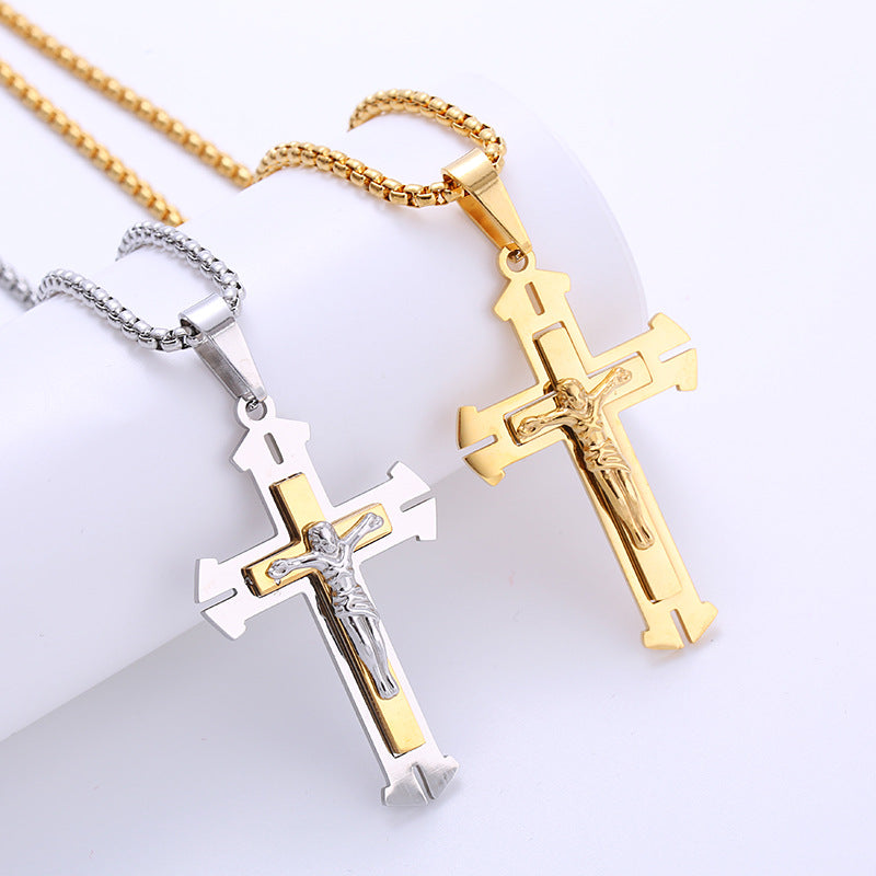 AML Vintage Stainless Steel Double Layer Jesus Cross Necklace