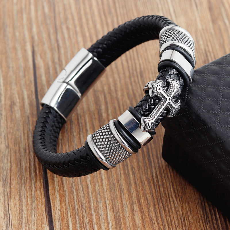 Handcrafted Leather Braided Bracelet with Cross Design